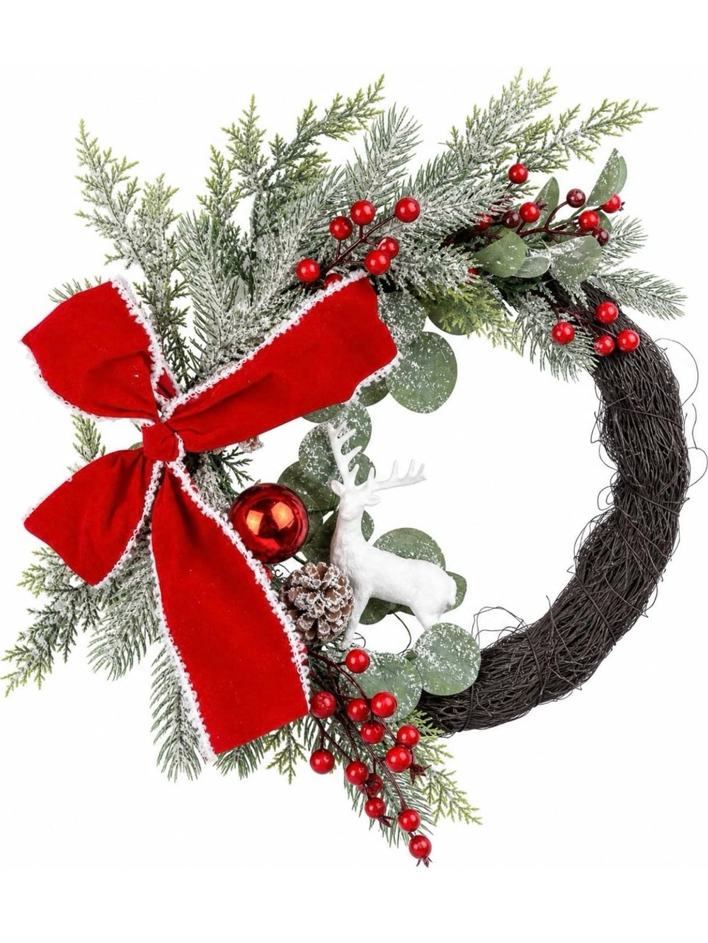 Festive Red Bow Holiday Wreath with Deer Accent